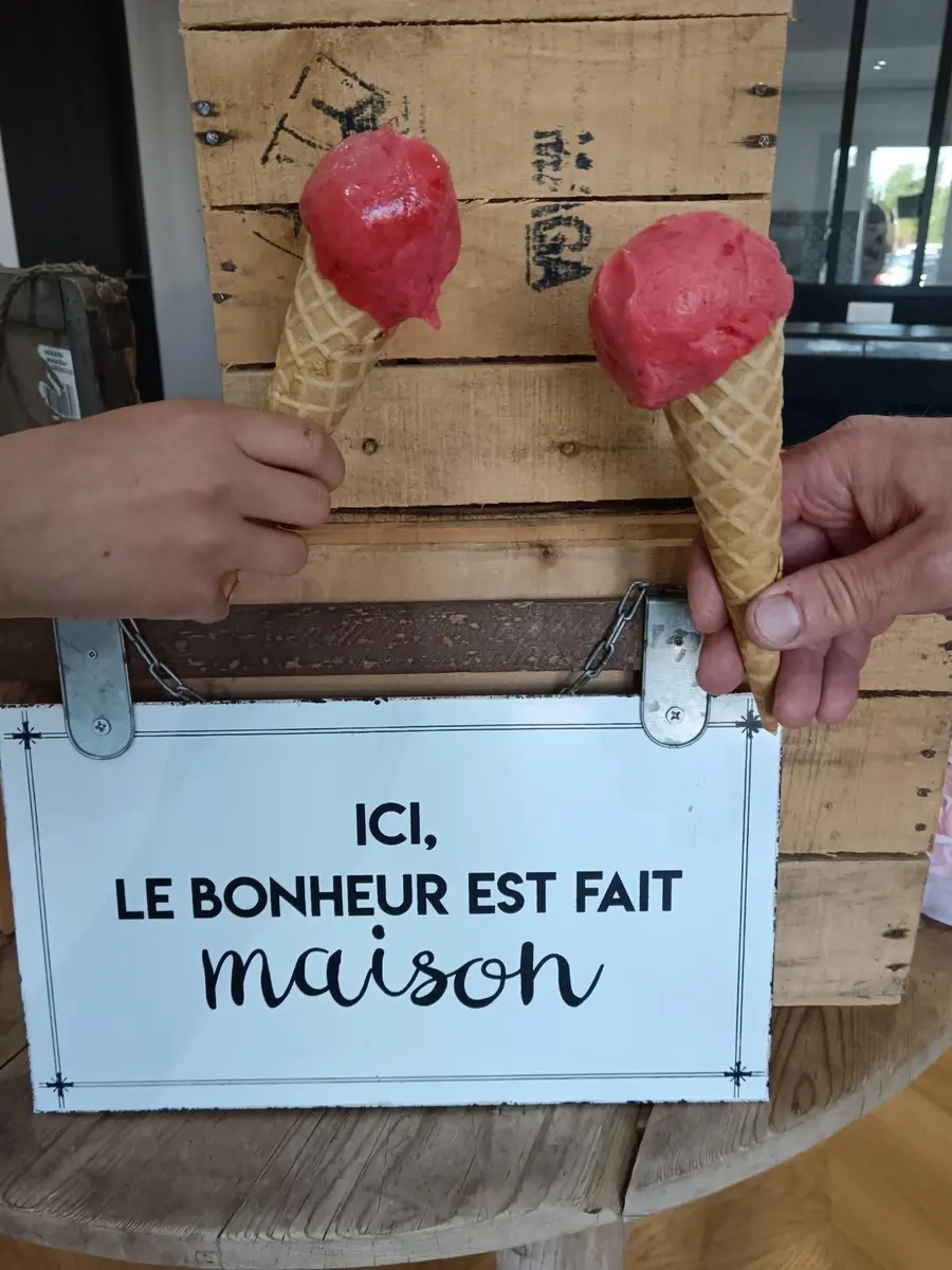 Deux cornets de sorbet devant la pancarte « Ici, le bonheur est fait maison »